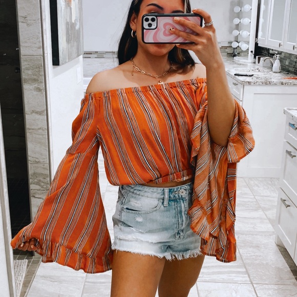 Altar'd State Tops - burnt orange striped bell sleeve off shoulder top